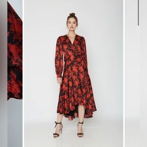 Caballero Women’s Red + Black Silk Blend True Wrap Midi Dress Cascading Hemline